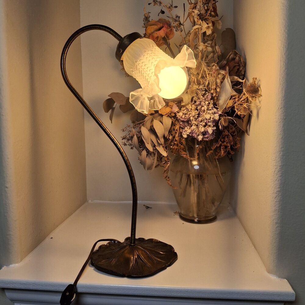 Vintage L&L WMC Tulip Glass Shade Gooseneck Lily Pad MCM Table Lamp #9122 WORKS